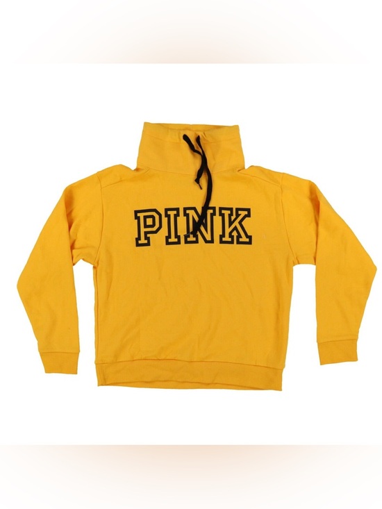PINK Victoria's Secret Tops - PINK Victoria's Secret Golden Yellow Pullover Cowl Neck Hoodie with Black Logo